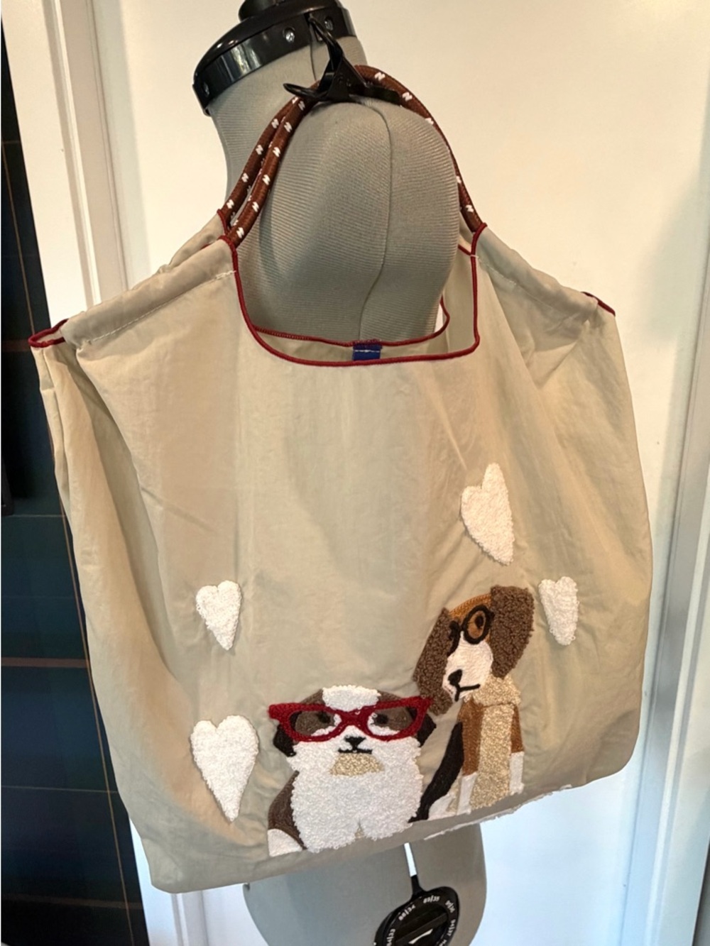 Mztkin nylon tote, cord handles, embroidered dogs in glasses, M, beige, like new - Picture 3 of 12